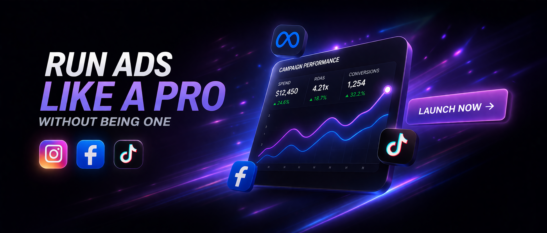 Creative workflow and asset previews across Meta, Facebook, and TikTok surfaces. Tap to get started.